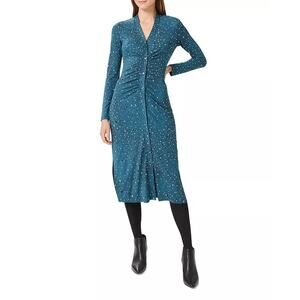 HOBBS LONDON Women's Green Hatty Ruched Front Button Jersey Midi Dress Size 10